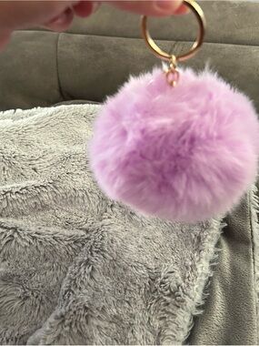 4/$50 Plush Pom Pom Keychain - Lavender Faux Fur with Gold Ring